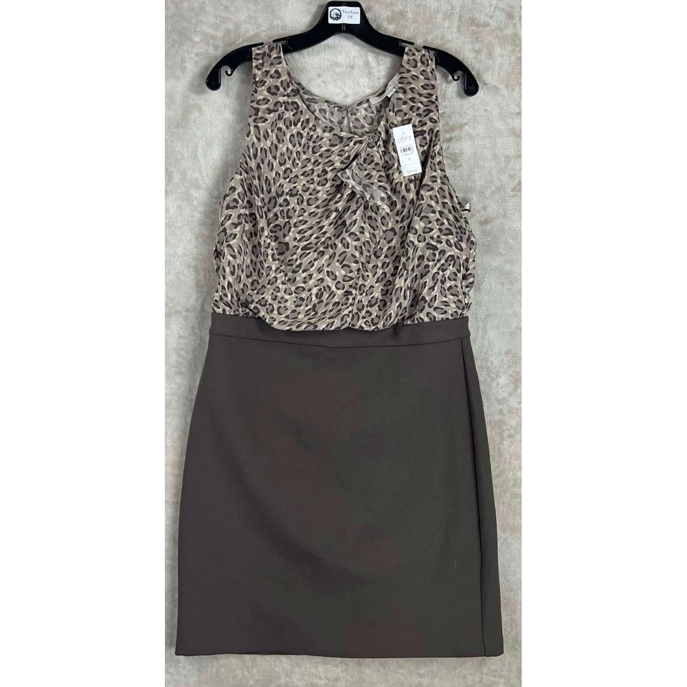 NWT New Ann Taylor LOFT Leopard Print Mixed Media Sheath Dress Brown Size 12